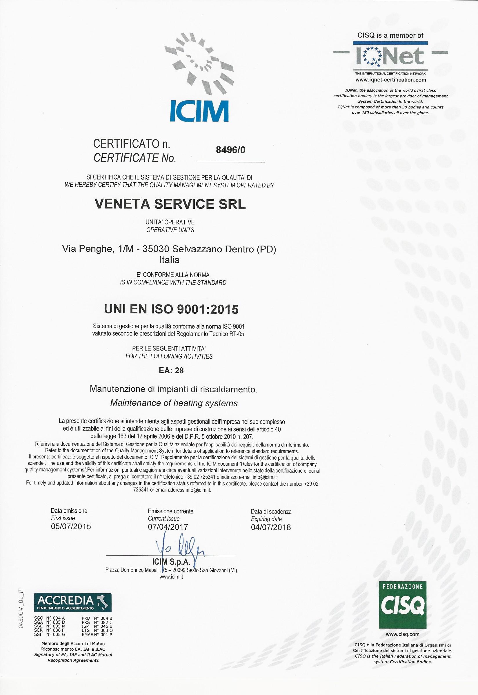 Certificazione ISO Veneta Service